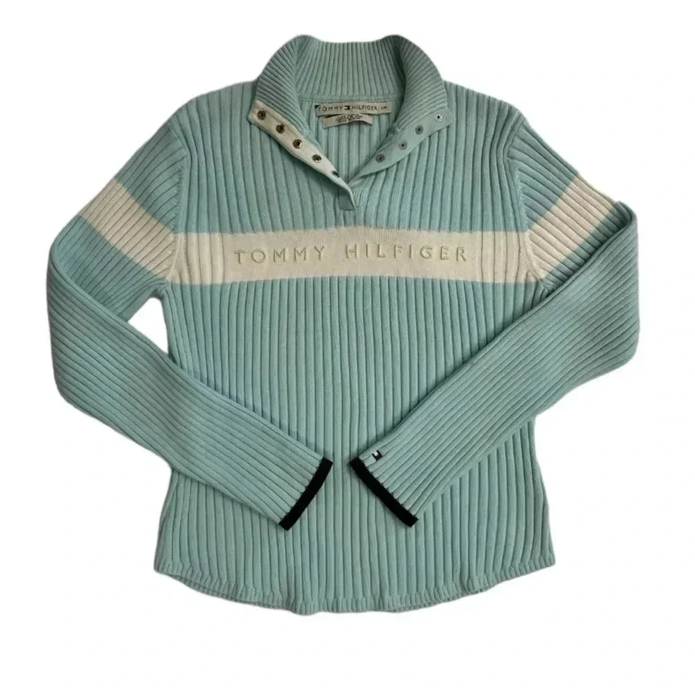 Tommy Hilfiger Vintage Ribbed Fitted  Blue White Sweater Size Large - Picture 7 of 10